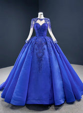 Fit Your Body Type Royal Blue Ball Gown Organza Beading Long Sleeve Prom Dress